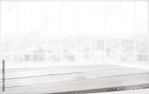 empty wooden table on background of abstract blur white interior, montage, product display, inside and window.