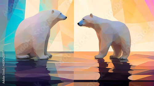 Ice Bear. Low Poly Art of Two Majestic Ice Bears. Two Bears With A Colorful Background. Generative AI.