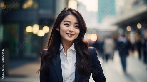 horizontal portrait of a young business woman smiling in the street AI generated