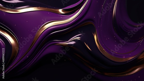 3D violet with gold liquid background, fluid splash, swirl on dark. Close up glossy texture. Mix color liquid splashes