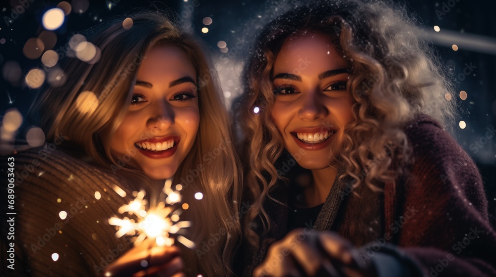 Close up shot of teenage girls with sparklers celebrate and laugh, Group of happy people holding sparklers at party and smiling, New year’s eve and christmas holidays, generative ai Close up shot of teenage girls with sparklers celebrate and laugh, Group of happy people holding sparklers at party and smiling, New year’s eve and christmas holidays, generative ai