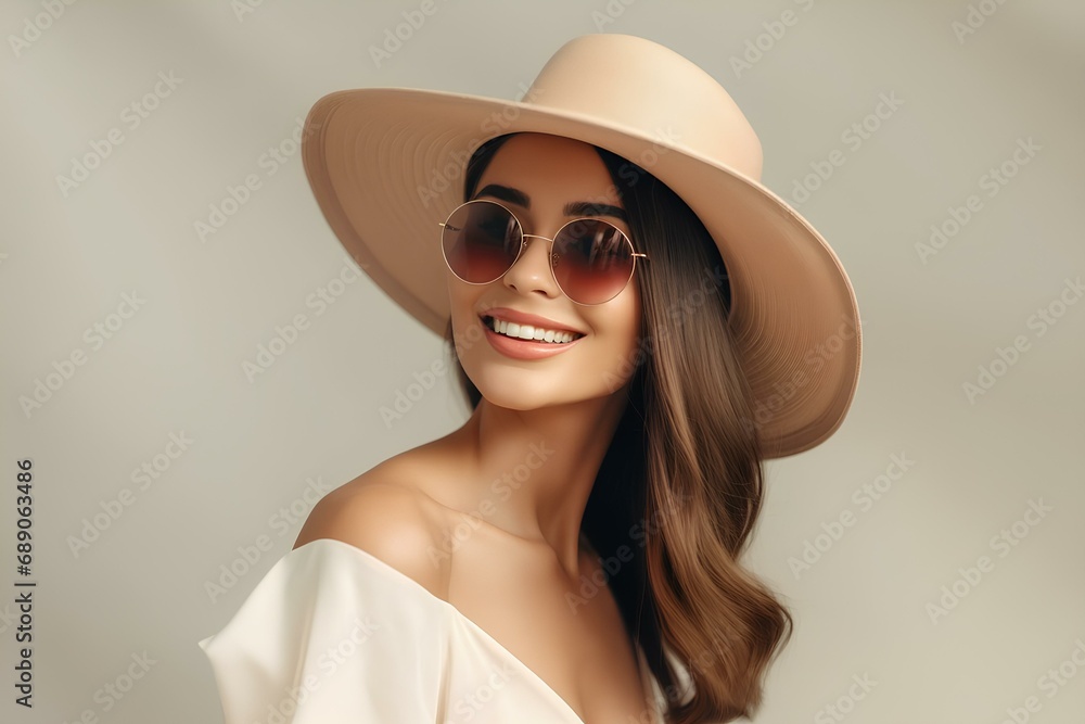 Portrait of a beautiful young smiling woman in a beige hat and sunglasses on a light beige background. Portrait of a beautiful young smiling woman in a beige hat and sunglasses on a light beige background.