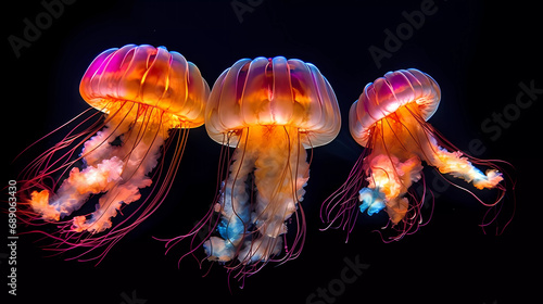 Jellyfish. Three Deep Sea Jellyfish. Colorful Ocean Jellyfish In The Dark. Generative AI.