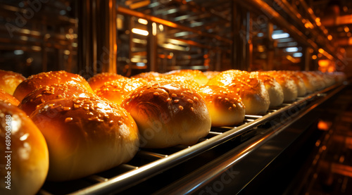 A bunch of bread rolls going through a conveyor. A bunch of buns that are on a rack photo