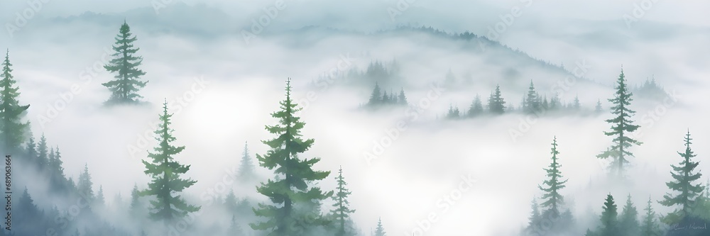 Forest with fog landscape background banner. Watercolor painting of foggy trees. Abstract forest background.