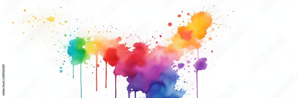 Colorful paint splash on white background banner. Abstract watercolor rainbow colors splash on white. Abstract colorful background.