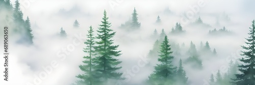 Abstract forest background. Forest with fog landscape background banner. Watercolor painting of foggy trees. © Adam