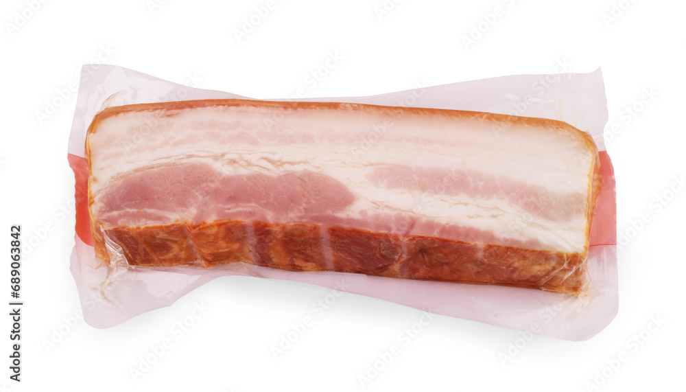 Pork bacon in vacuum packing isolated on white background Pork bacon in vacuum packing isolated on white background