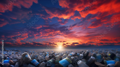 Endless sea of plastic waste lit by dramatic sunset, contrast between the beauty of nature and the impact of consumerism