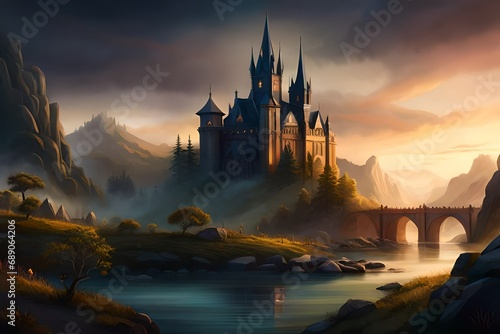 3D rendering of a haunted, fantasy castle in spooky Halloween night photo