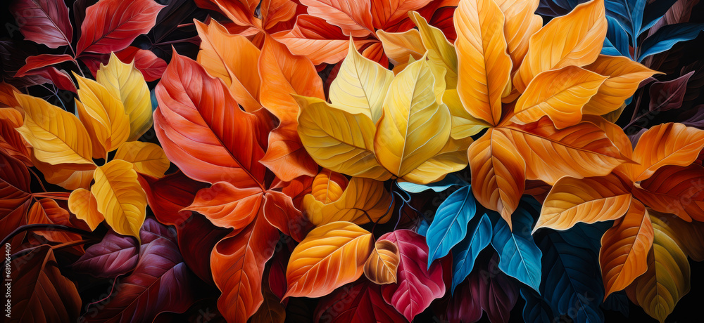 Beautiful autumn leaves are shown in a close up. A painting of colorful leaves on a black background
