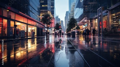 A hyper-detailed portrayal of a business district during a rainy day, with reflections bouncing off the wet pavement © LaxmiOwl