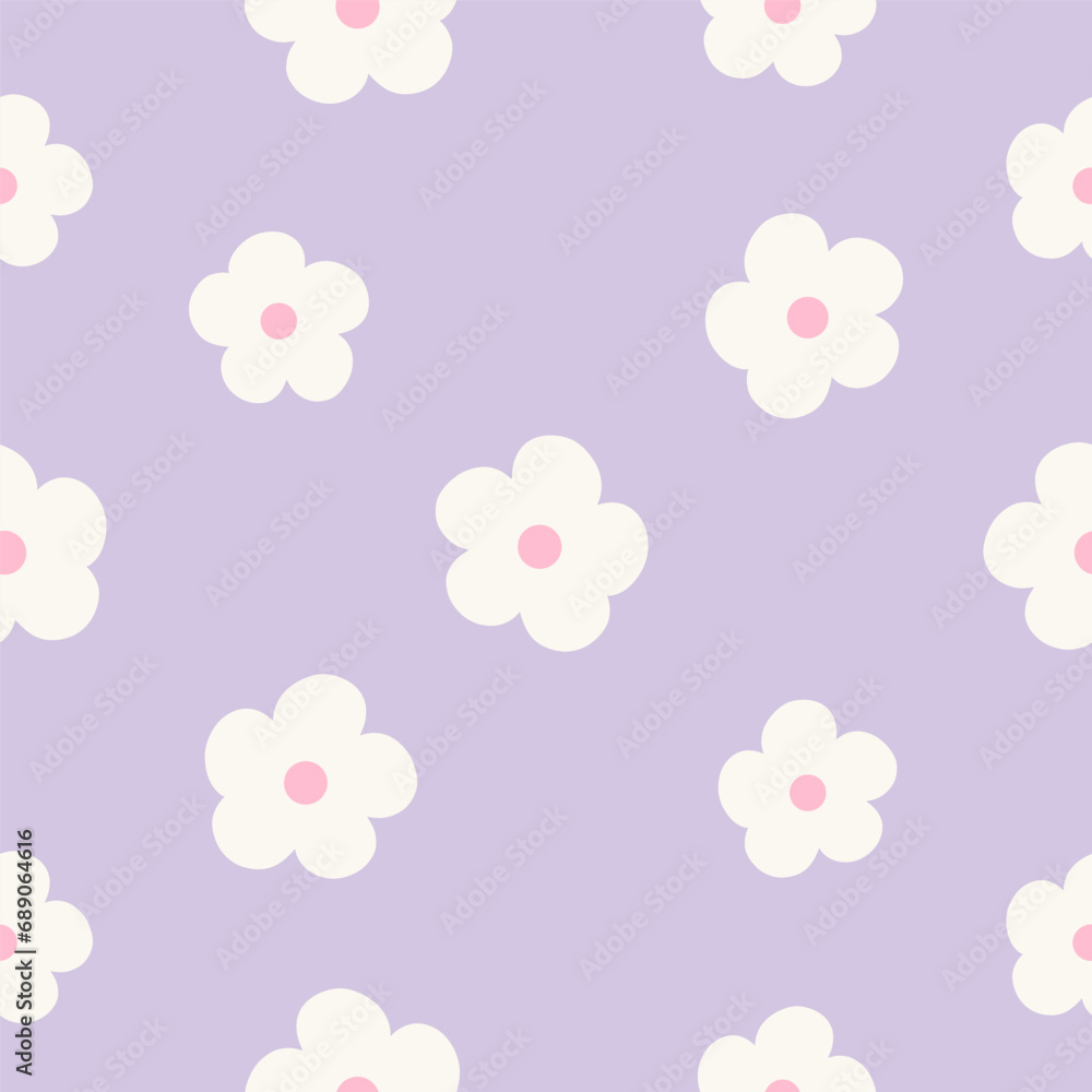 Seamless pattern with cute flowers on purple background. Hand drawn floral pattern for your fabric, summer background, wallpaper, backdrop, textile. Vector illustration