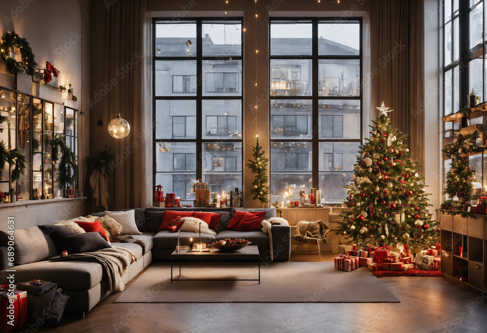 Christmas tree in a cozy living room with furniture