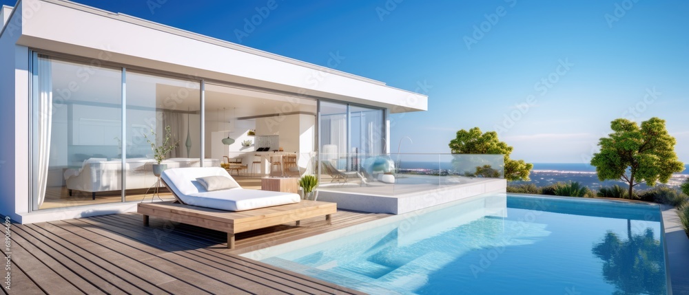 modern villa with open plan living and private bedroom wing with small terrace for relaxation