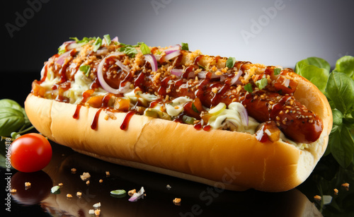 Hot dogs on white background. A hot dog on a bun with toppings