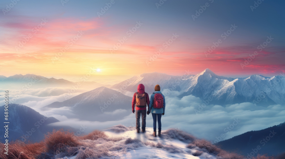 Couple of hikers with backpacks standing on top of a mountain and looking at the sunset