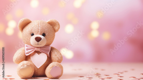 Toy bear with pink bow on pink background with bokeh © tashechka