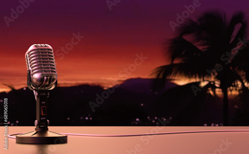 Vintage microphone in front of tropical background