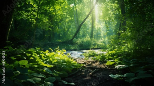 A lush forest scene with vibrant greenery  sunlight filtering through leaves  creating a calming and immersive environment