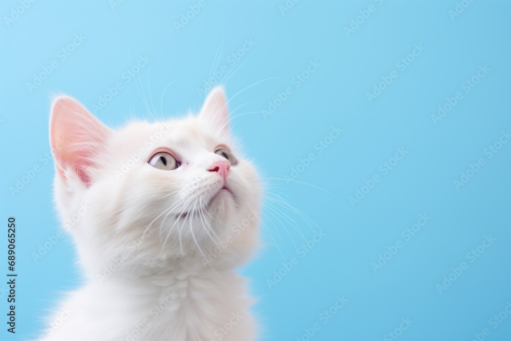 White cat on blue background with copy space for your text or design