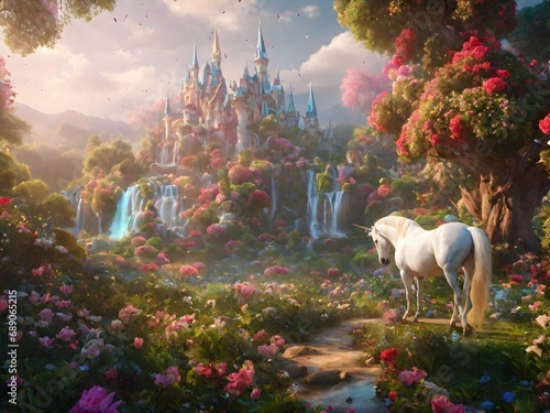 horse in the meadow and castle ,Fantasy panoramic pink rose garden, misty path leading to fabulous rainbow unicorn house. Idyllic tranquil morning scene and empty copy space. Road goes acros
