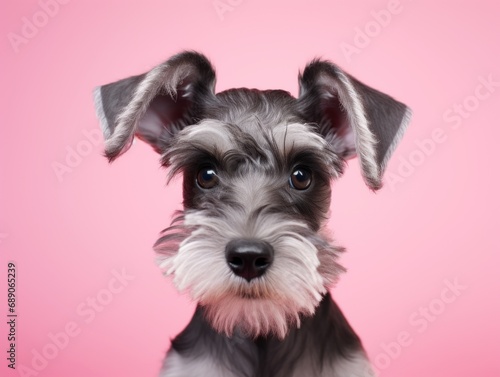 Studio shot of a cute miniature schnauzer puppy on pink background.