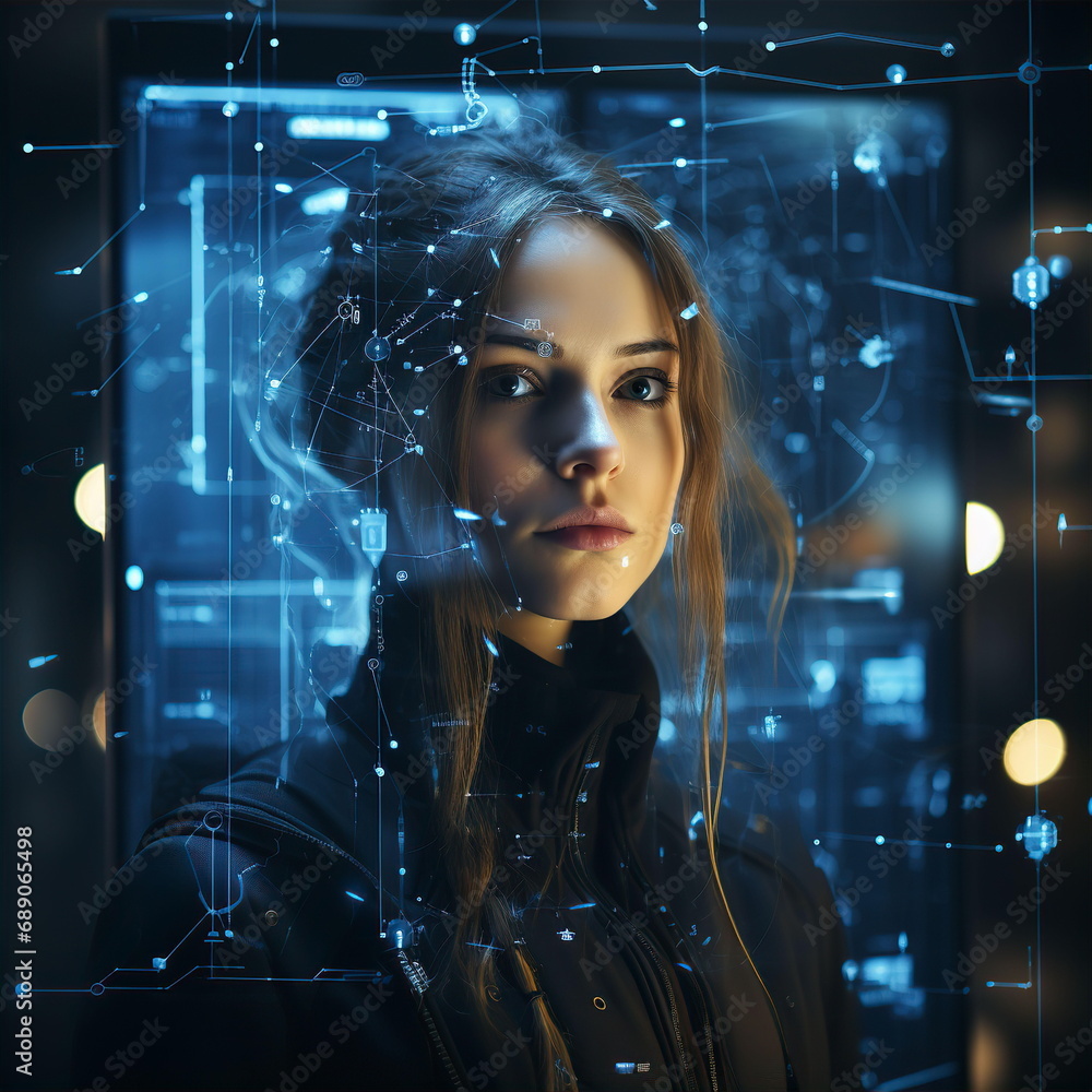 Portrait of beautiful robot woman in cyber suit. Life in future concept. AI generated Portrait of beautiful robot woman in cyber suit. Life in future concept. AI generated