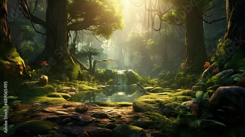 A lush forest scene with vibrant greenery  sunlight filtering through leaves  creating a calming and immersive environment