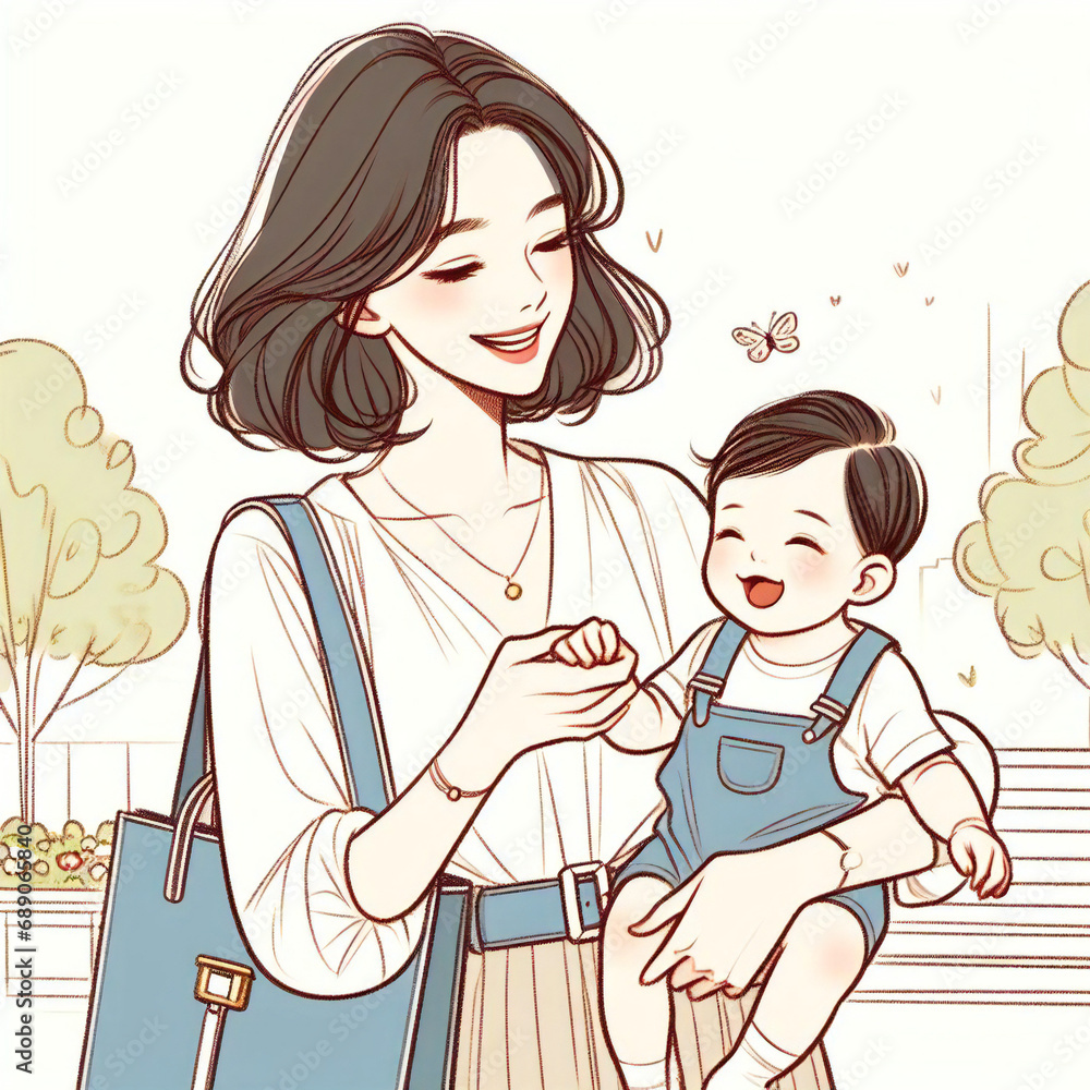 Obraz premium 赤ちゃんを抱っこしてお出かけするママのイラスト