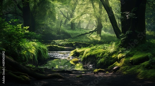 A lush forest scene with vibrant greenery, sunlight filtering through leaves, creating a calming and immersive environment