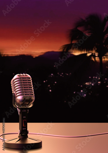 Vintage microphone in front of tropical background
