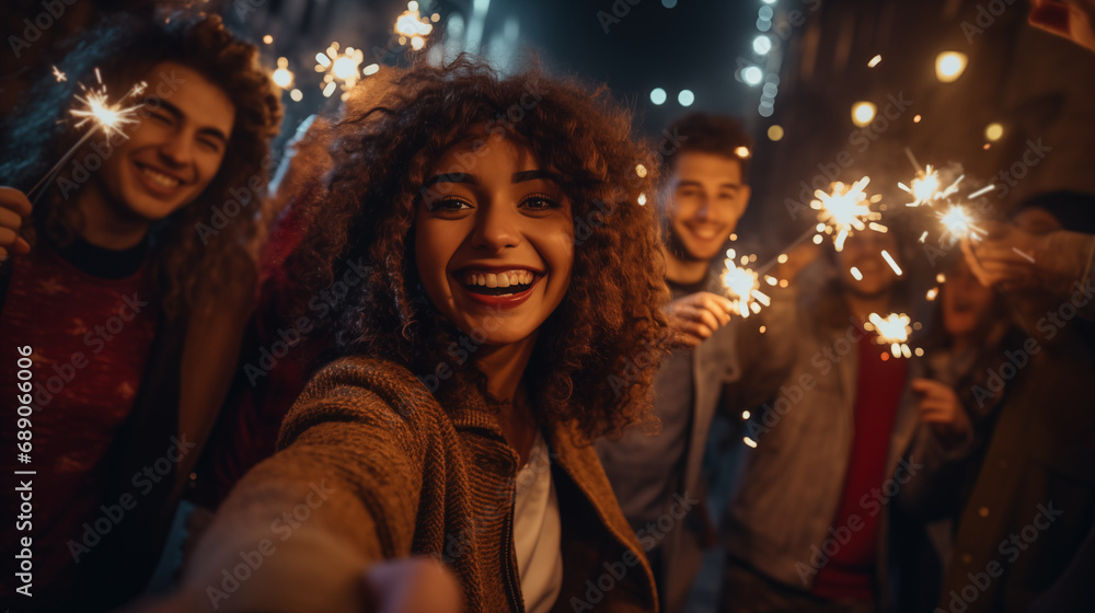 Group of friends enjoying out with sparklers, Young women and men enjoying with fireworks, Happy friends celebrating holding sparklers, generative ai