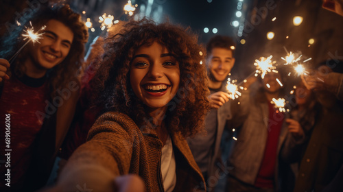 Group of friends enjoying out with sparklers, Young women and men enjoying with fireworks, Happy friends celebrating holding sparklers, generative ai photo