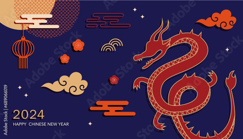Lunar new year background, banner, Chinese New Year 2024 , Year of the Dragon. Traditional minimalist modern style. Vector concept design