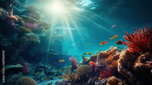 A mesmerizing underwater scene with realistic marine life, coral reefs, and sunlight streaming through the water's surface © LaxmiOwl