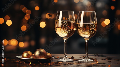 Two glasses of champagne on new year table in evening. Family Christmas celebration concept. AI generated
