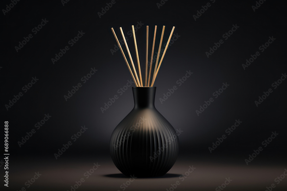 Black diffuser with reed sticks in modern dark interior. Fragrance with nice smell. Black diffuser with reed sticks in modern dark interior. Fragrance with nice smell.