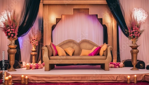 Arabian style stage decoration with flowers, props and lights and a couch photo