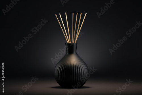 Black diffuser with reed sticks in modern dark interior. Fragrance with nice smell.