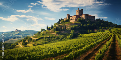 Vineyard landscape with an old winery building on a hill on a sunny day. Rows of grapes. Generative AI