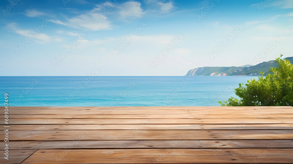 Wooden table on the background of the sea, island and the blue sky.