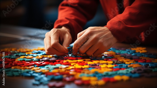 Child hands folding multicolored puzzle at table closeup. Treatment of autism in children concept. AI generated