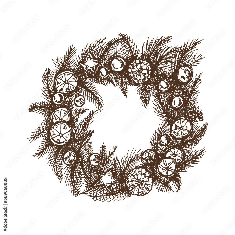 Φωτογραφία Hand-drawn sketch of Christmas wreath isolated on white, close up of decoration for christmas