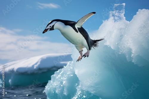 Chinstrap penguin ride out high surf on blue-ice icebergs. animal wildlife photo