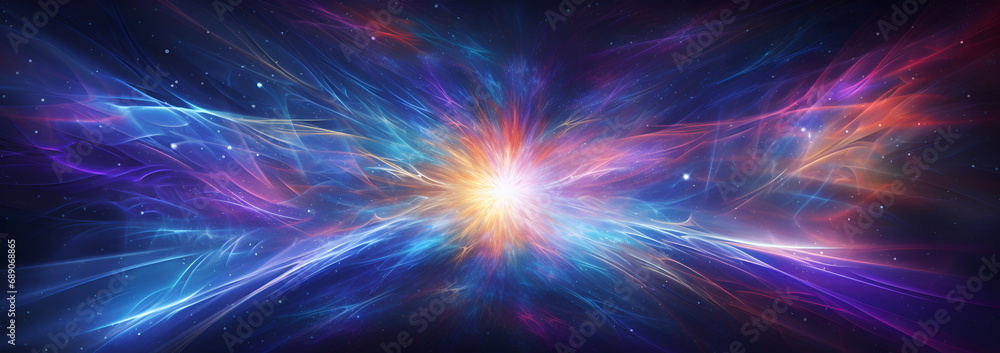 Fototapeta premium Kaleidoscopic quasar, Vibrant quasar stream, abstract banner background of space phenomena of quasar stream