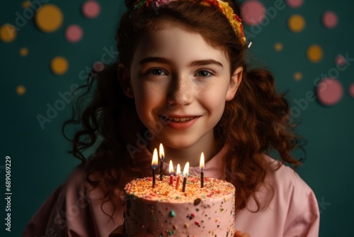 The young girl smiles and holds a cake in her hands. holiday birthday