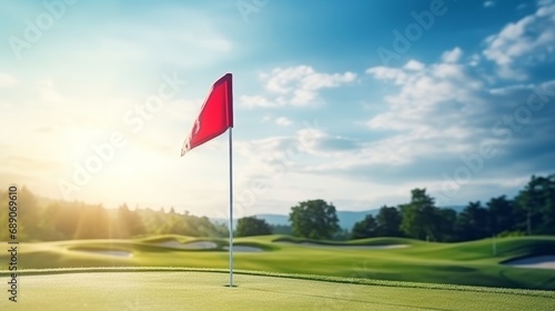 Putting green with a red flag at a golf course on a summer day photo