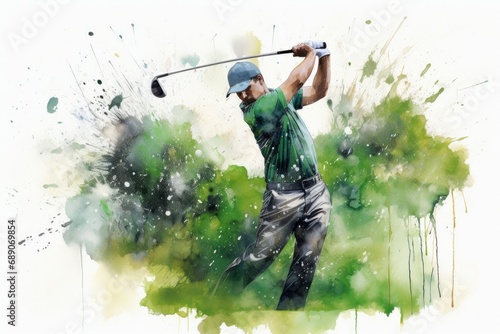 Tranquil Golf player watercolor. Club summer flag. Generate Ai photo