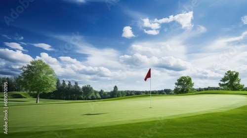 Putting green with a red flag at a golf course on a summer day photo